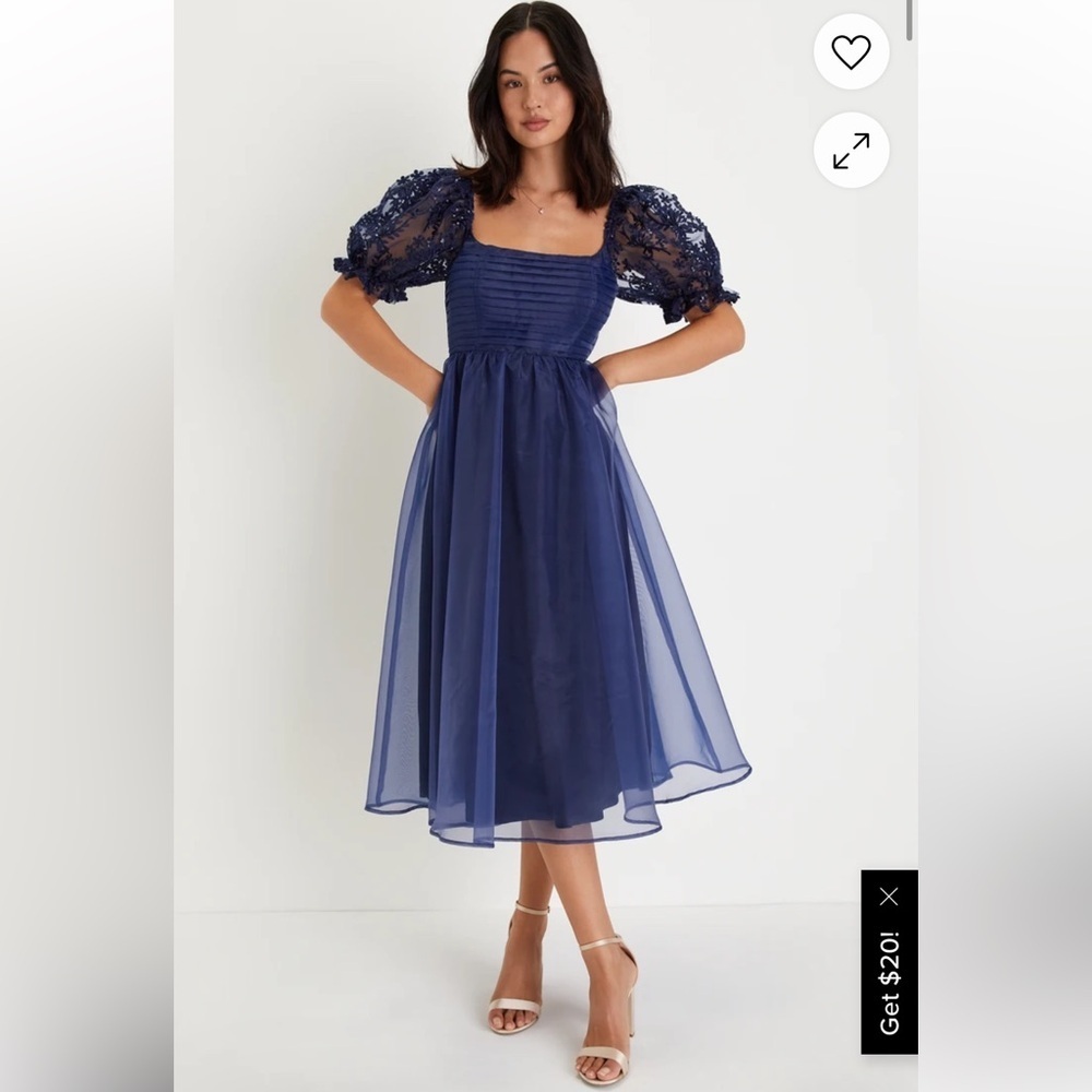 Lulus Significant Splendor Navy Organza Pleated Puff Sleeve Midi Dress size S